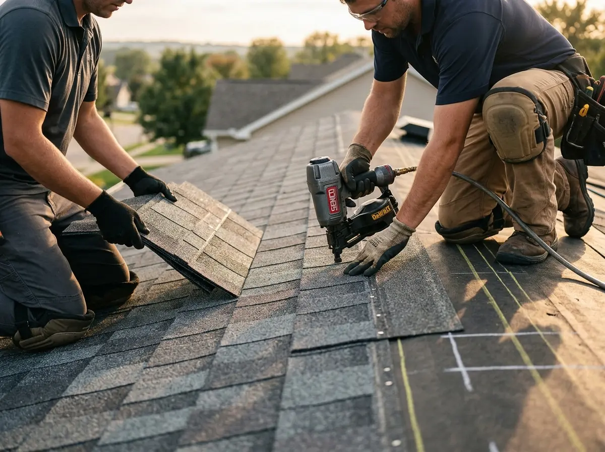 Professional roofer working on a residential roof in Janesville